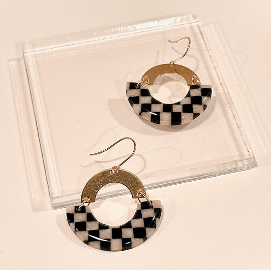 Black and White Checkered Arch Drop Earrings