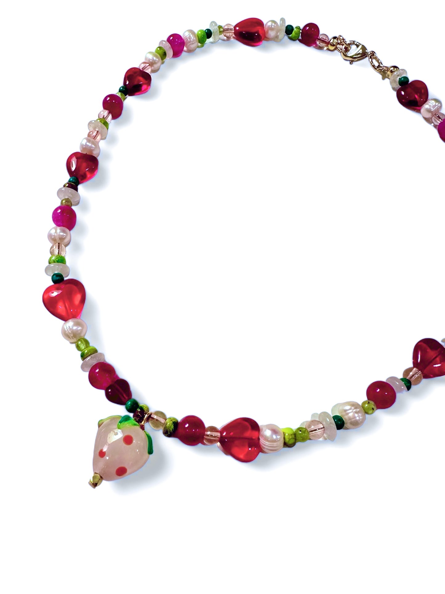 Handmade Strawberry Beaded Necklace with Freshwater Pearl