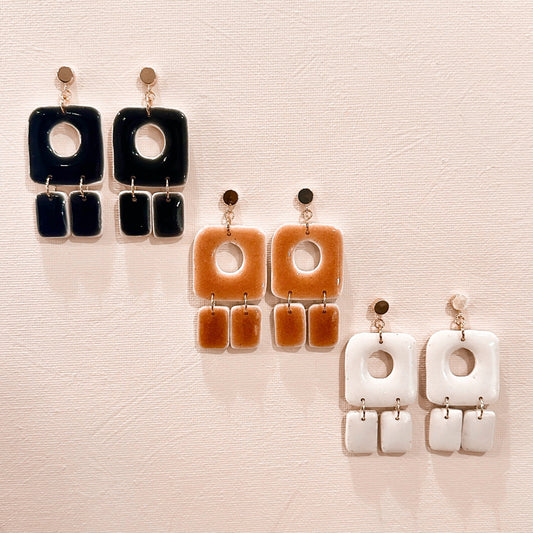 Faux Ceramic Abstract Square Chandelier Earrings