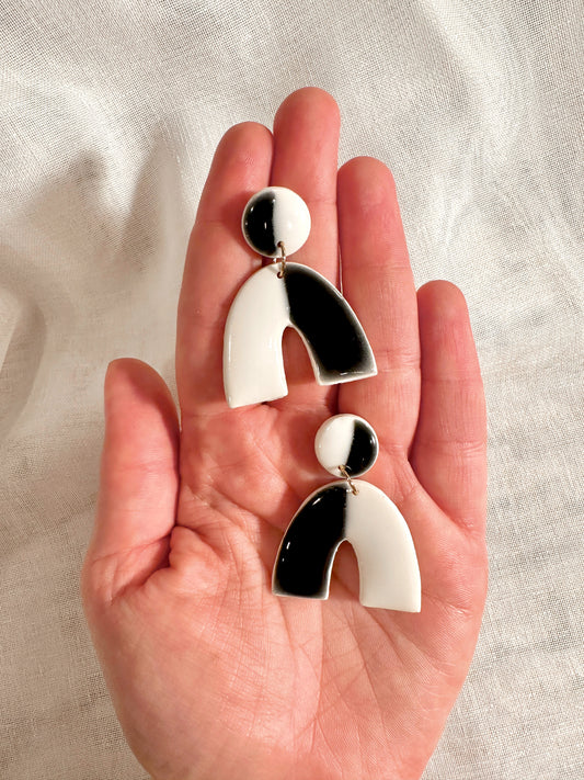 faux ceramic black and white deco arch handmade earrings