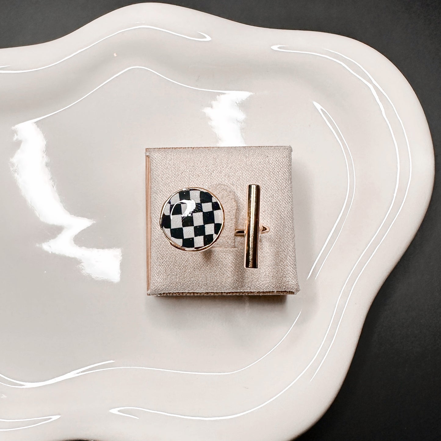 Gold Round Handmade Checkerboard Statement Ring