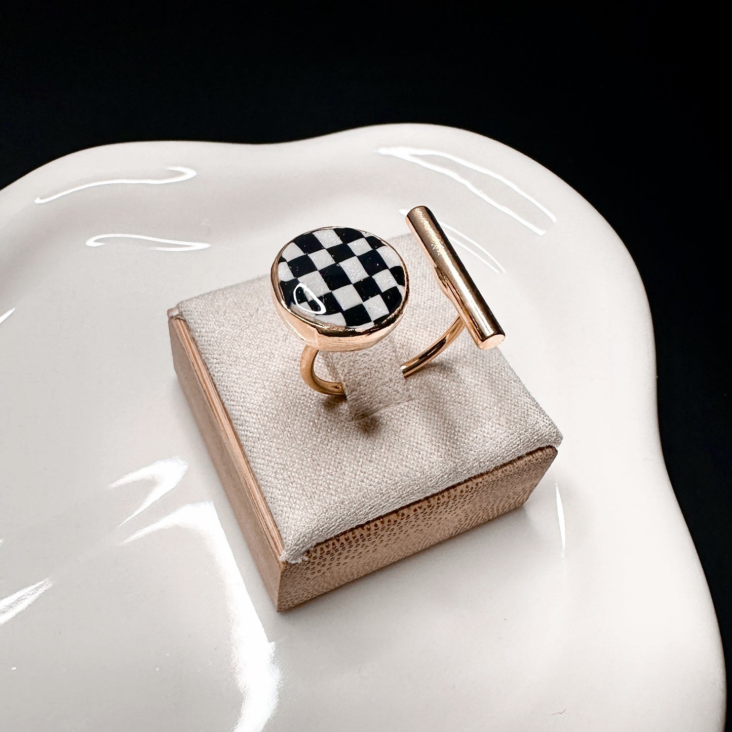 Gold Round Handmade Checkerboard Statement Ring