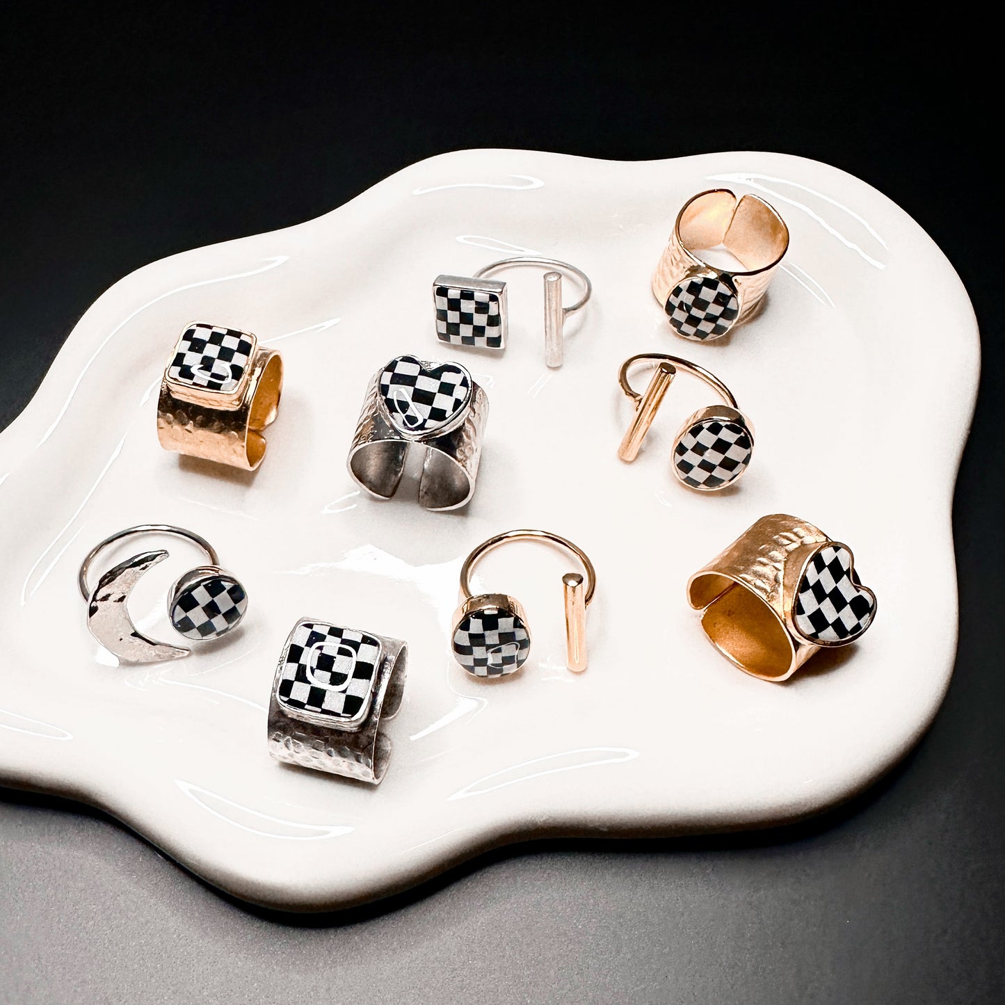 Gold Heart Handmade Checkerboard Statement Cigar Band Ring
