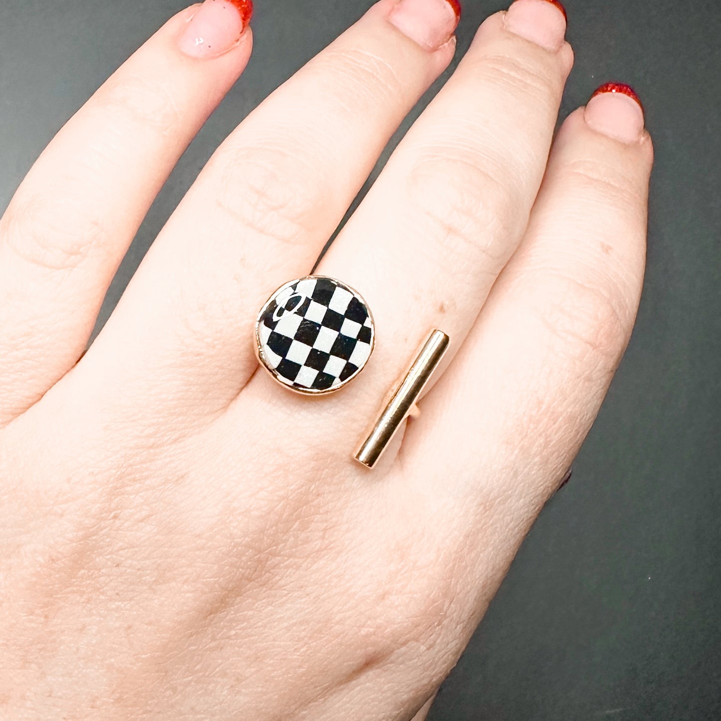 Gold Round Handmade Checkerboard Statement Ring