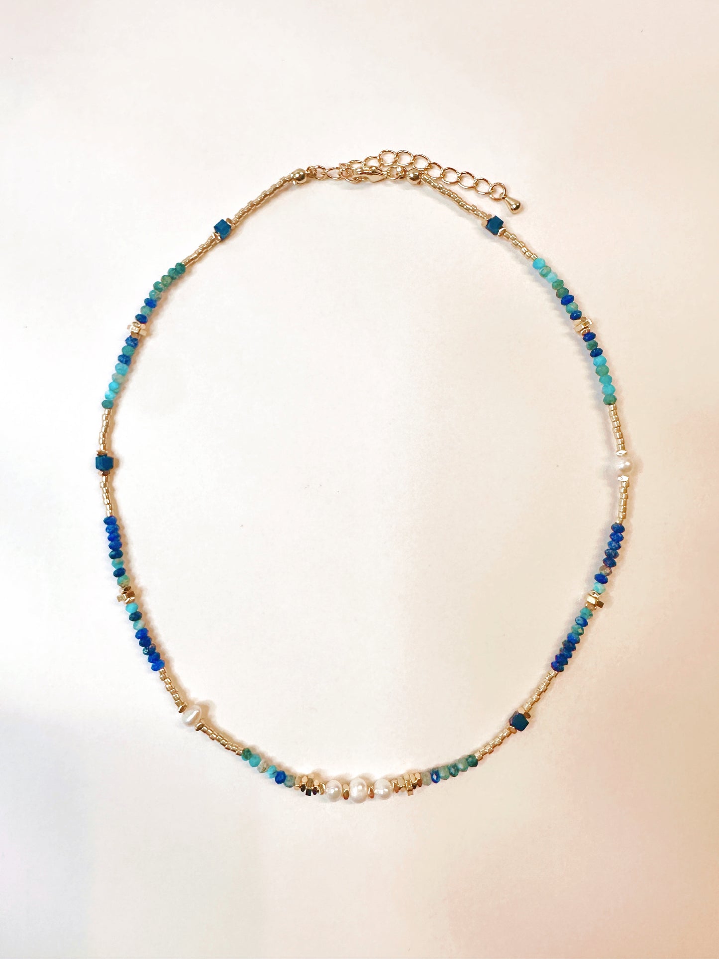Blue Gemstone and Pearl Beaded Necklace