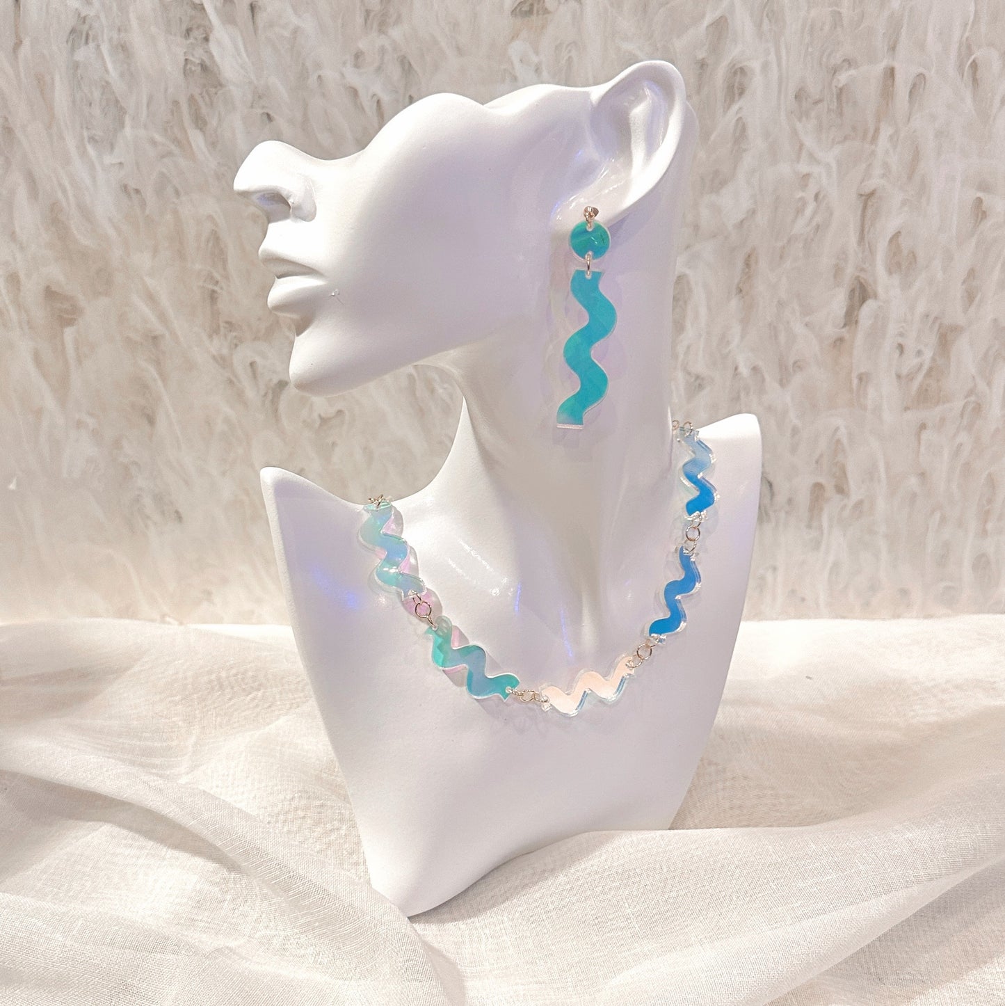 iridescent wave necklace and handmade earrings