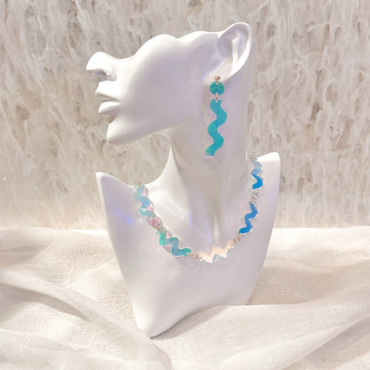 iridescent wave necklace and handmade earrings