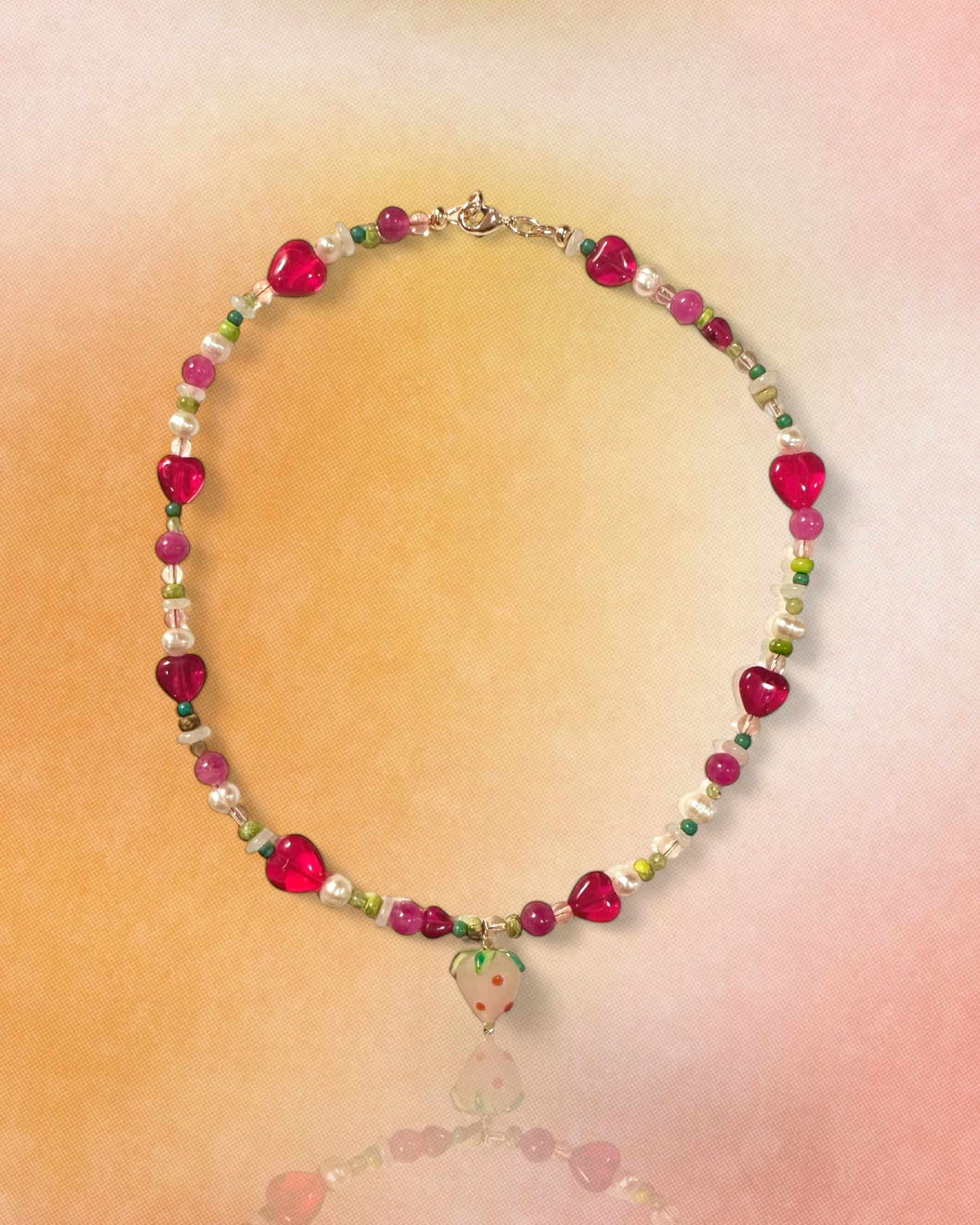 Handmade Strawberry Beaded Necklace with Freshwater Pearl