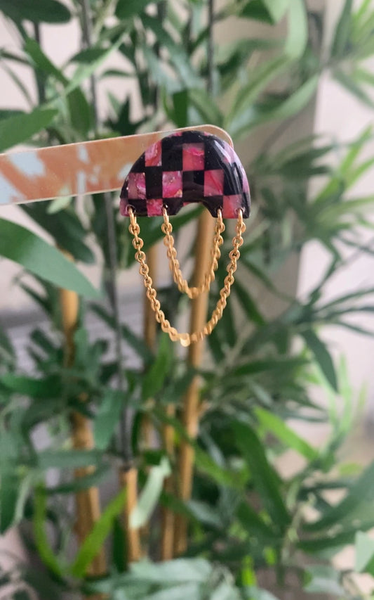 RAMONA CHAIN EARRINGS IN PINK AND BLACK CHECK
