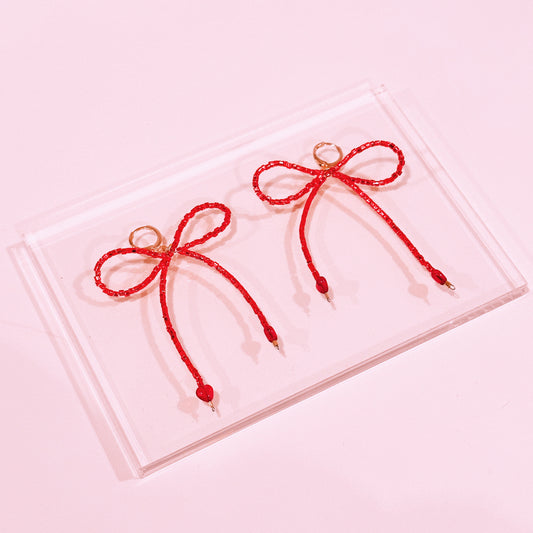 beaded red glass bow handmade earrings