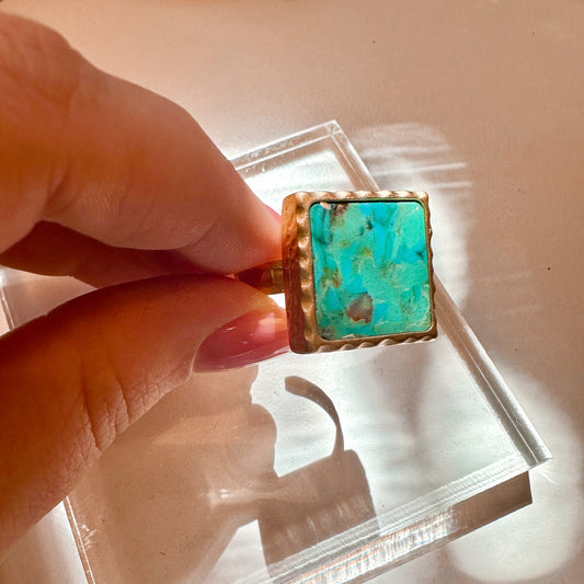 Large Square Gold and Turquoise Ring