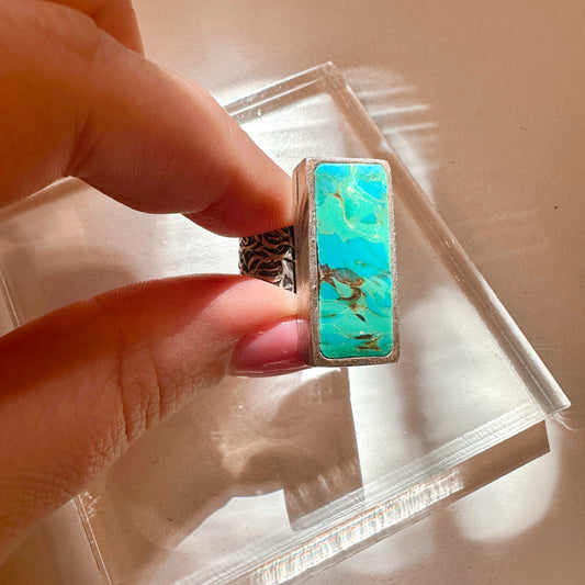 Silver Textured Rectangle Ring in Turquoise