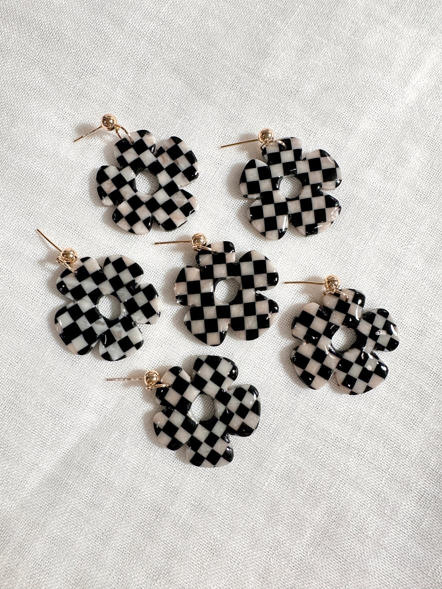 checkered floral drop handmade earrings polymer clay earrings