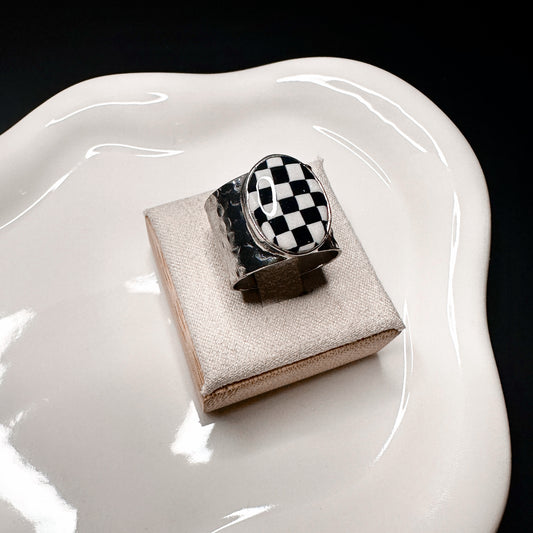 Silver Oval Handmade Checkerboard Statement Cigar Band Ring