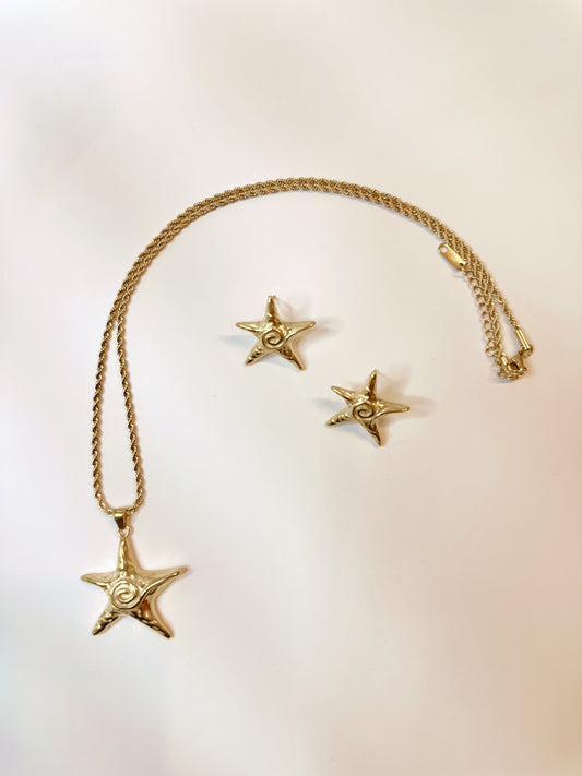 Retro Gold Titanium Starfish Earrings and Necklace