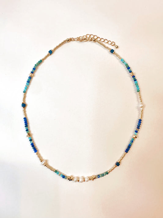 Blue Gemstone and Pearl Beaded Necklace