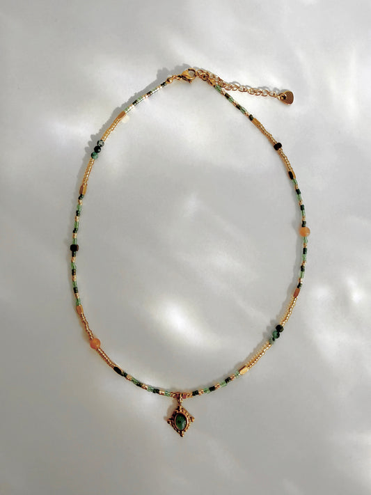 Green Gemstone and Glass Beaded Necklace