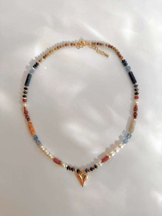 Lapis + Quartz Beaded Necklace with Heart Charm and Freshwater Pearl