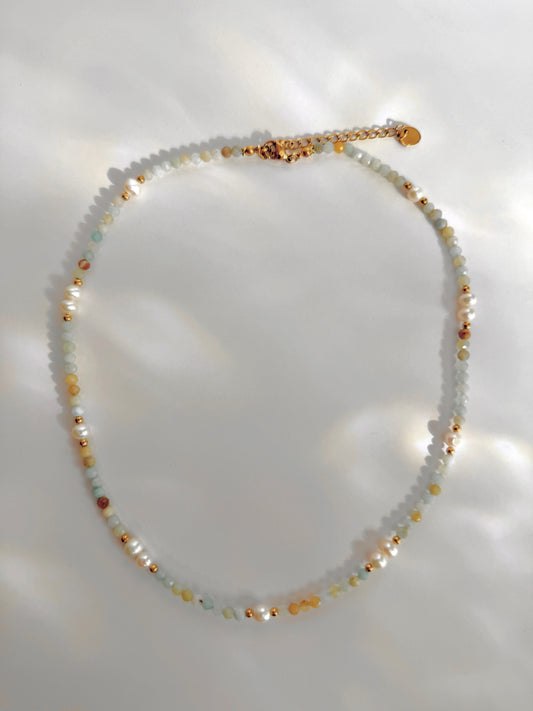 Pale Blue Quartz + Freshwater Pearl Necklace