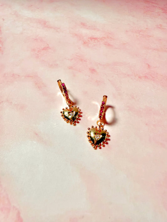 Pink Huggie Hoops with Heart Drop