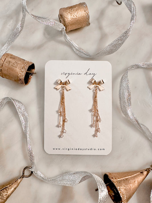 Holiday Bow Earrings with CZ Tassels