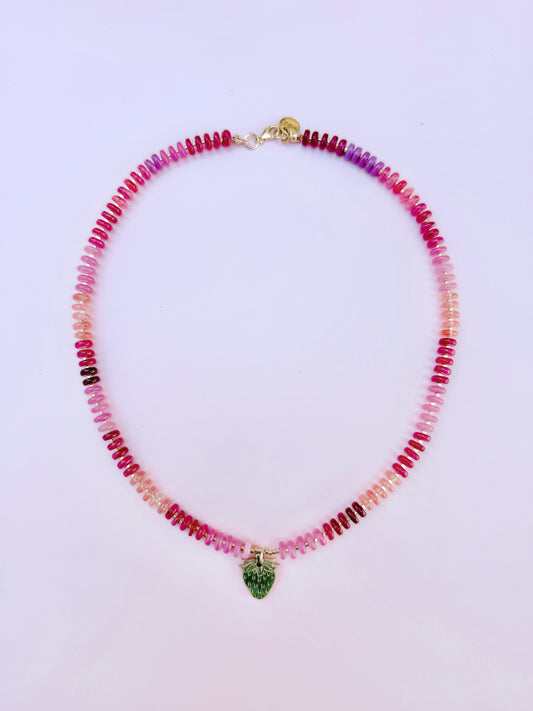 Pink Gemstone and Bronze Strawberry Necklace