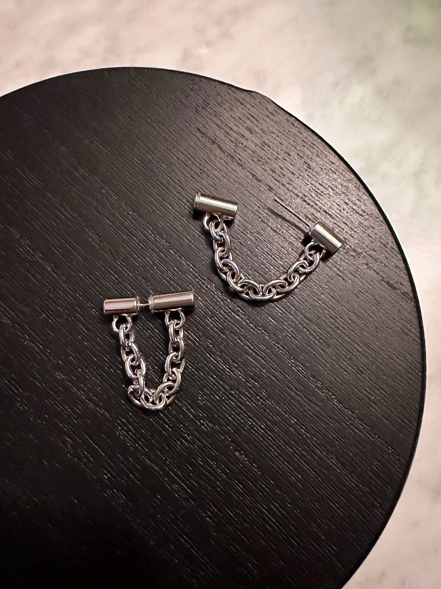 bar and chain handmade earrings, silver