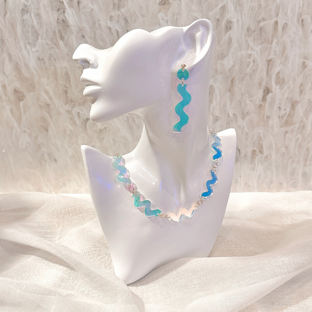 iridescent wave necklace and handmade earrings