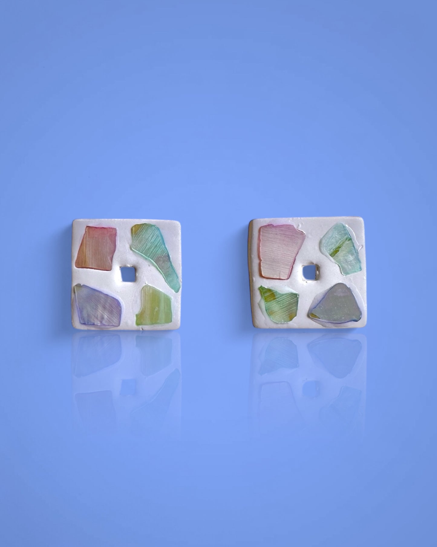 Handmade Inlaid Shell Square Post Earrings in Pastel