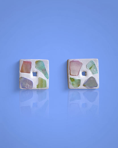Handmade Inlaid Shell Square Post Earrings in Pastel