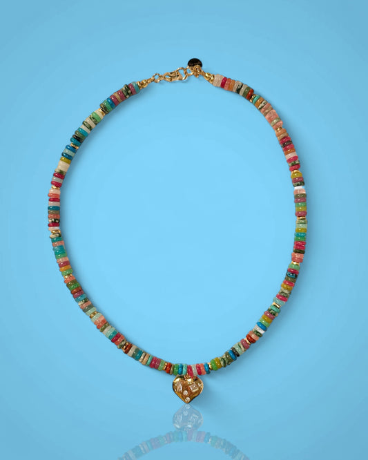 Beaded Colorful Gemstone Necklace with Gold Filled CZ Heart Charm