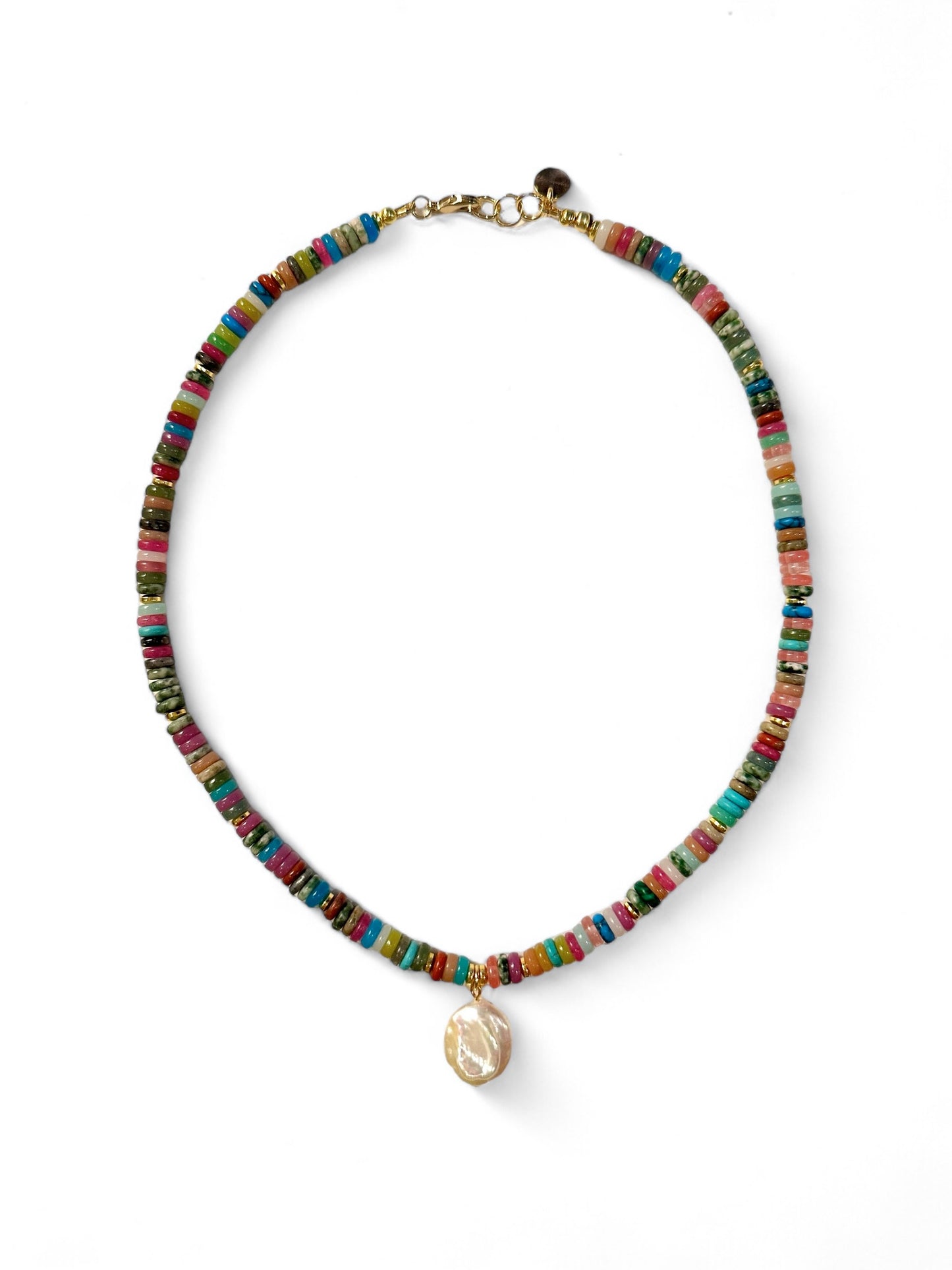 Beaded Colorful Gemstone Necklace with Large Freshwater Pearl