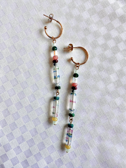 iridescent multi glass and stone beaded dangles handmade earrings