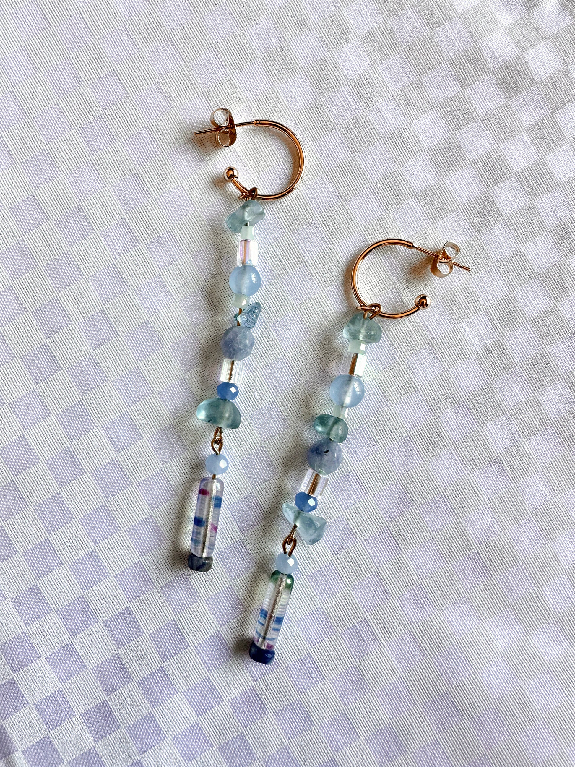 blue aquamarine glass and stone beaded dangles handmade earrings