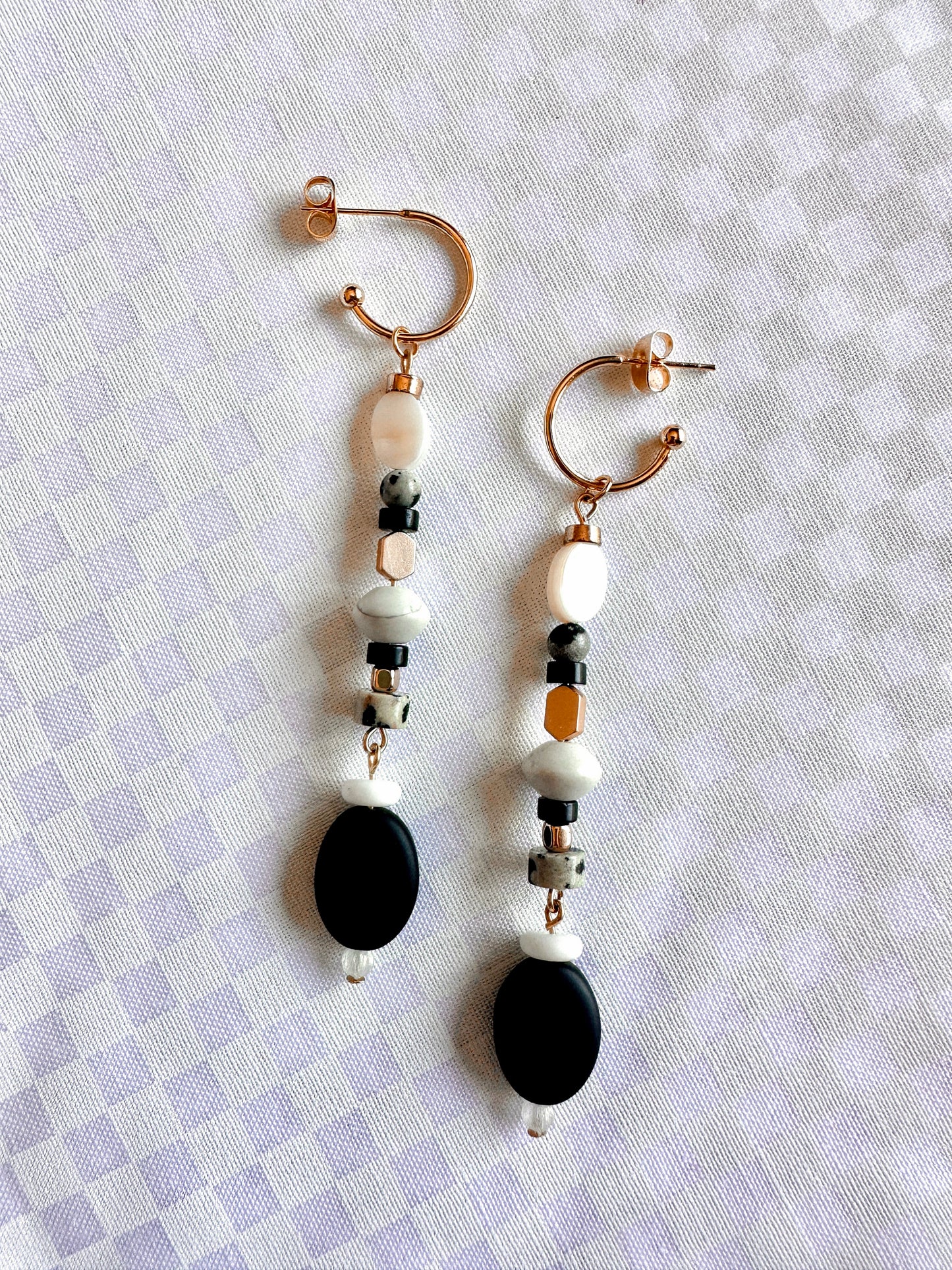 mixed black sea glass and stone beaded dangles handmade earrings